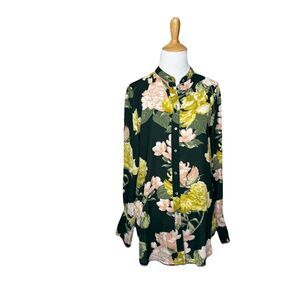 H&M Conscious Floral Blouse Women’s 8 Green Semi Sheer Long Line Button Front